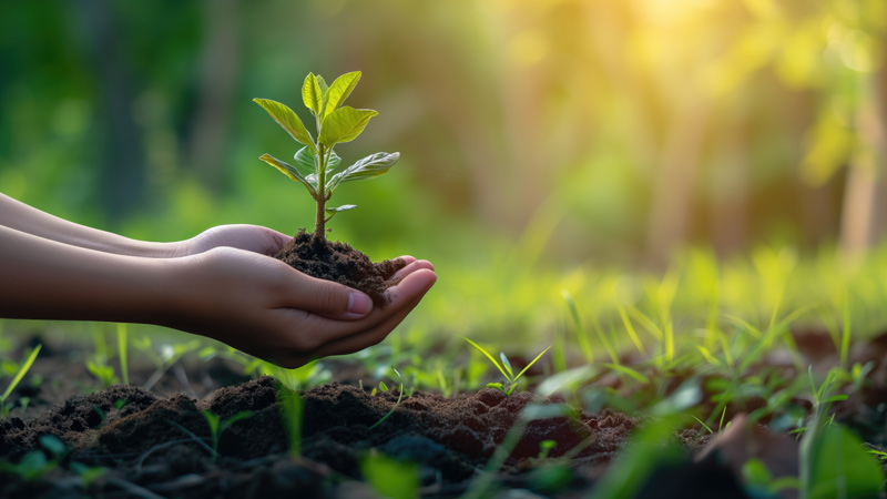 Close-up of children hands planting a tree in the soil