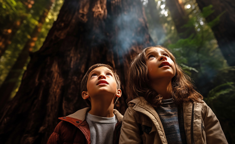 children in redwood forest looking up into trees